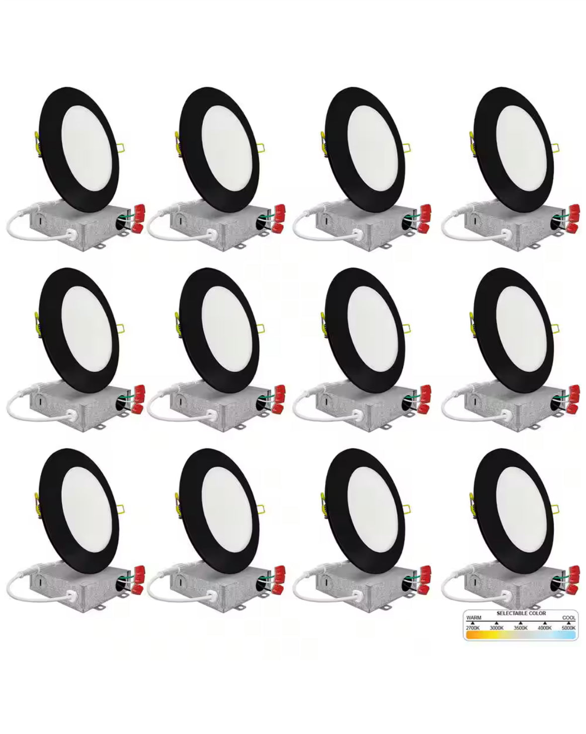 4 in. Black Trim 5CCT 27K-50K Ultra Thin Canless New Construction IC Rated Integrated LED Recessed Lighting Kit 12 Pack