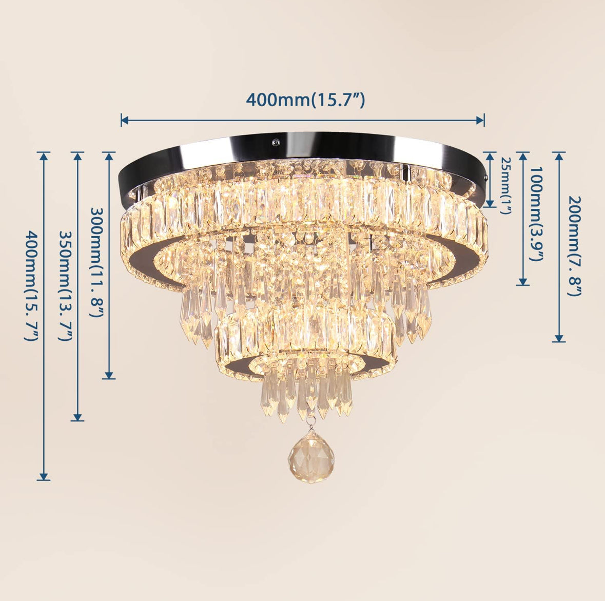 16" Crystal Chandelier 2 Rings Crystal Ceiling Light Fixture Modern Chandelier LED Chandeliers Light Fixture for Dinning Room Bedroom Living Room 2700K Warm Light, Not Golden