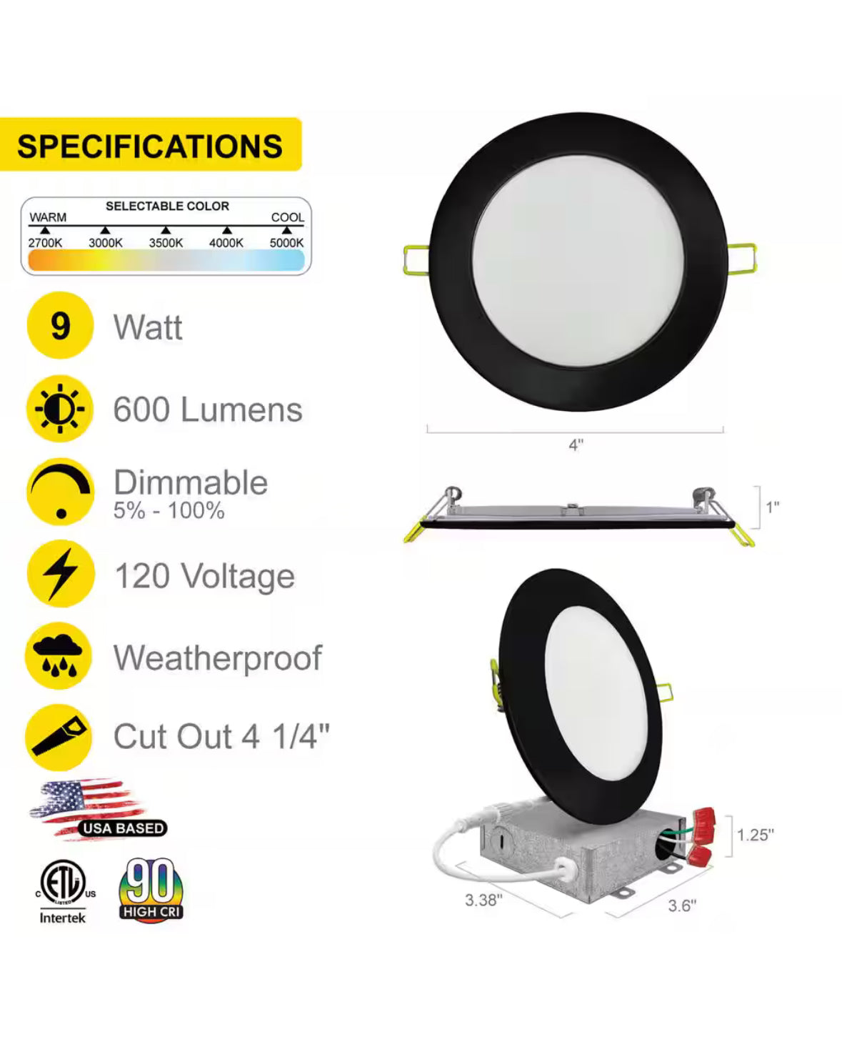 4 in. Black Trim 5CCT 27K-50K Ultra Thin Canless New Construction IC Rated Integrated LED Recessed Lighting Kit 12 Pack