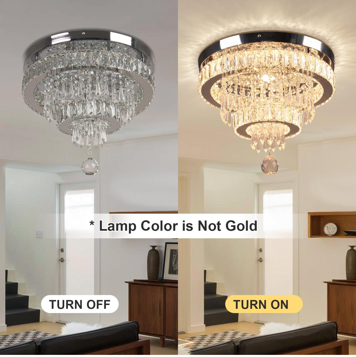 16" Crystal Chandelier 2 Rings Crystal Ceiling Light Fixture Modern Chandelier LED Chandeliers Light Fixture for Dinning Room Bedroom Living Room 2700K Warm Light, Not Golden