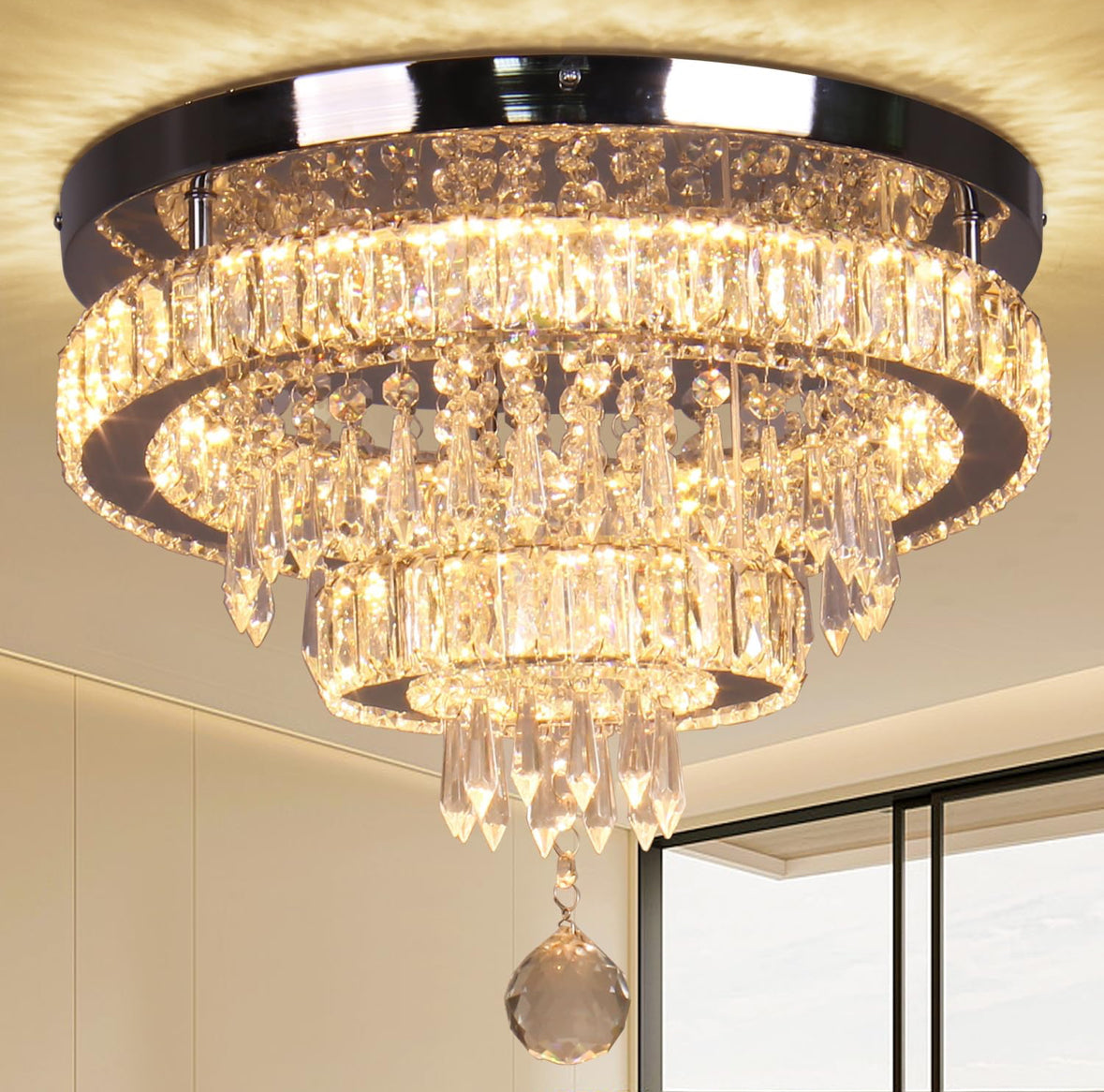 16" Crystal Chandelier 2 Rings Crystal Ceiling Light Fixture Modern Chandelier LED Chandeliers Light Fixture for Dinning Room Bedroom Living Room 2700K Warm Light, Not Golden