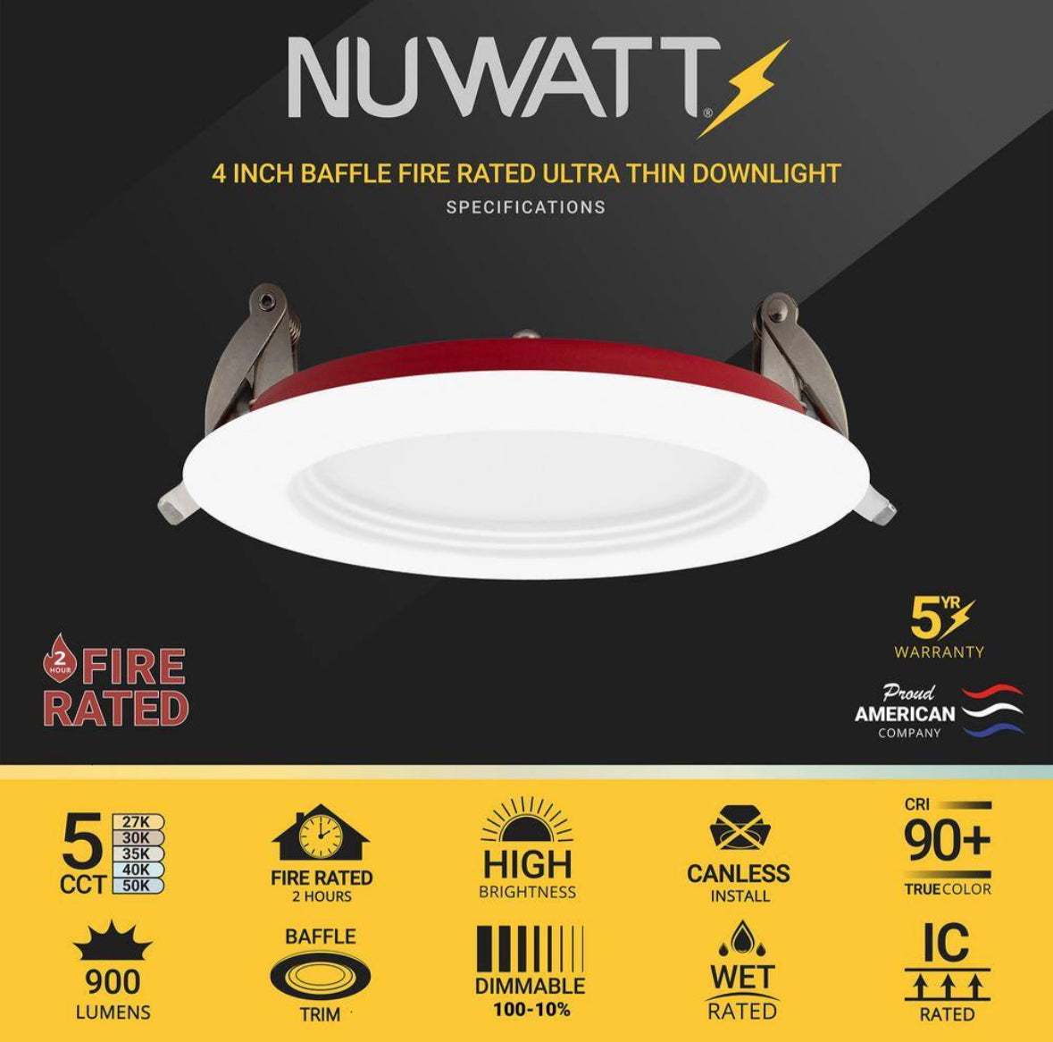 4 in. 2-Hour Fire Rated White Baffle Slim Canless Integrated LED Recessed Light 12W 5CCT 27K-50K Dimmable IC Rated 12PK
