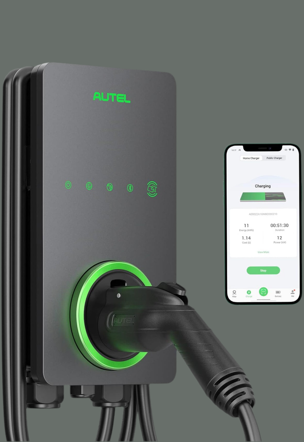 Autel Home Level 2 EV Charger up to 50Amp, 240V, Indoor/Outdoor Car Charging Station, Wi-Fi and Bluetooth Enabled EVSE, Flexible 25-Foot Cable,Hardwired, Dark Gray